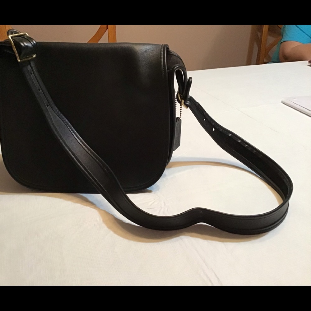 Black Leather Coach Bag with Gold Buckle